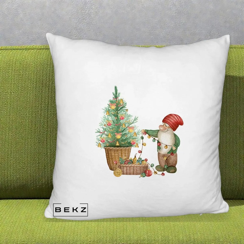 Perna Decorativa Pitic de Craciun cu Brad, 40x40 cm, Alb Pufos, Husa Detasabila, Perna Inclusa, BEKZ®