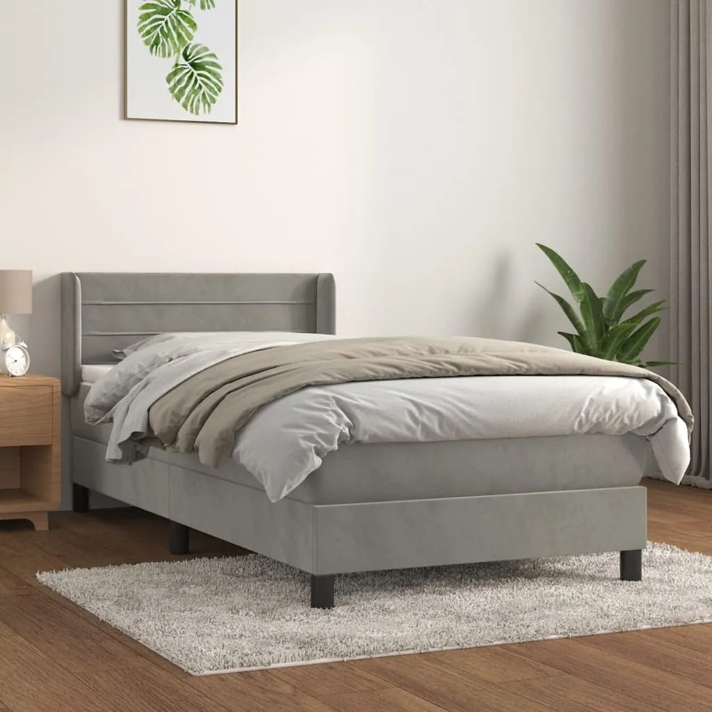 3130991 vidaXL Pat box spring cu saltea, gri deschis, 90x190 cm, catifea