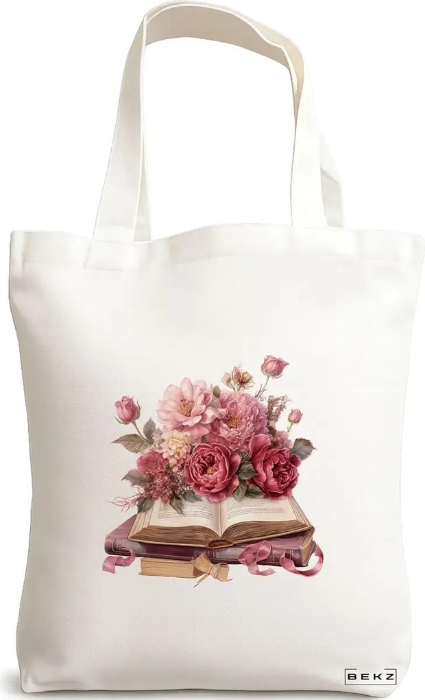 Sacosa de Panza pentru Cumparaturi, Geanta Tote, model Books and flowers 38 x 34.5 cm, Alba, BEKZ®