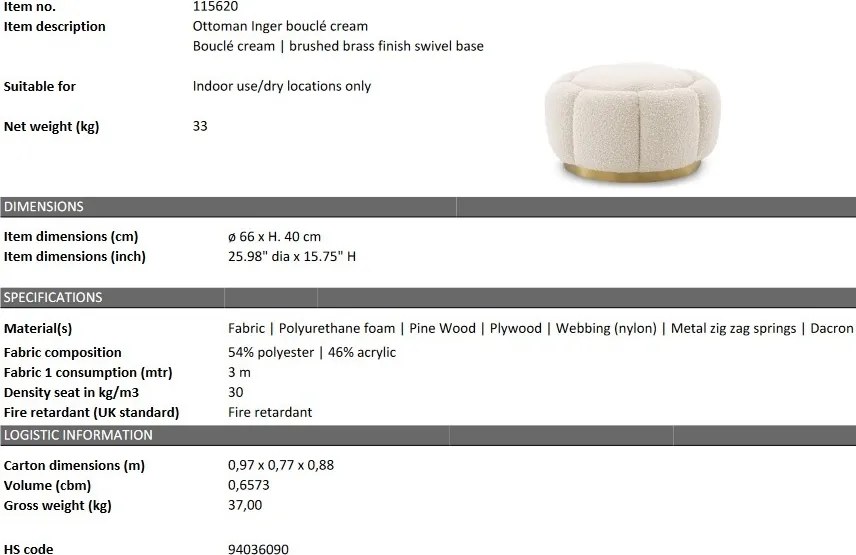 Taburete ottoman design elegant LUX Inger, boucle crem 115620 HZ