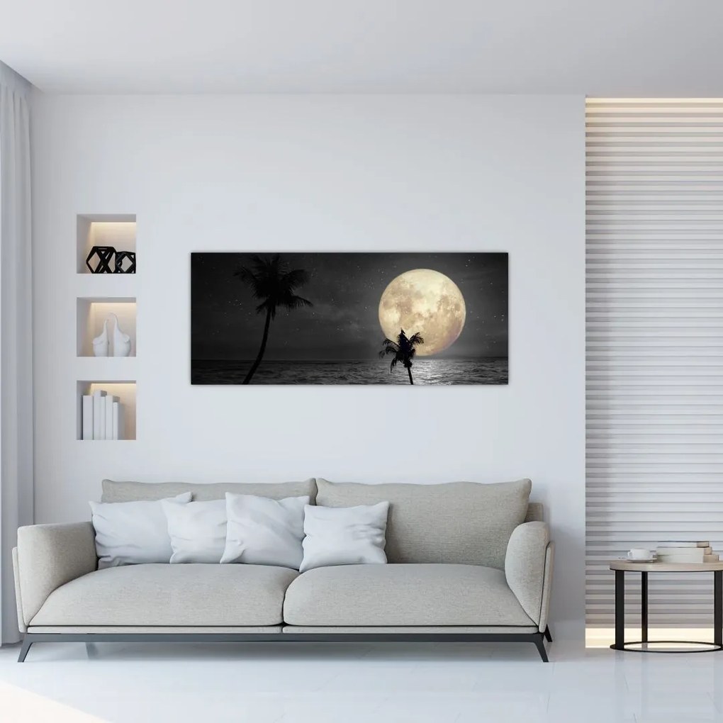 Tablou - Plaja cu lună plină, nuanțe gri (120x50 cm)