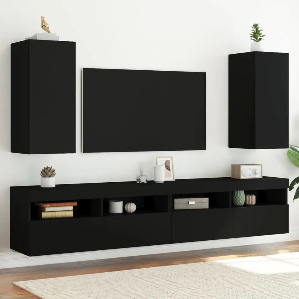 837235 vidaXL Comode TV de perete cu lumini LED, 2 buc., negru, 30,5x35x70 cm