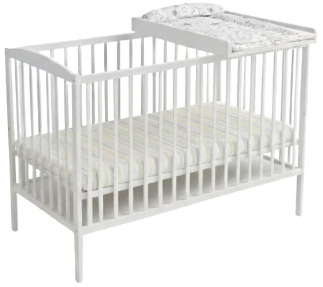 Patut din lemn masiv 120x60 cm Kidizi Orella alb, masuta infasat din lemn si salteluta incluse, reglabil pe 3 nivele, certificat EN71