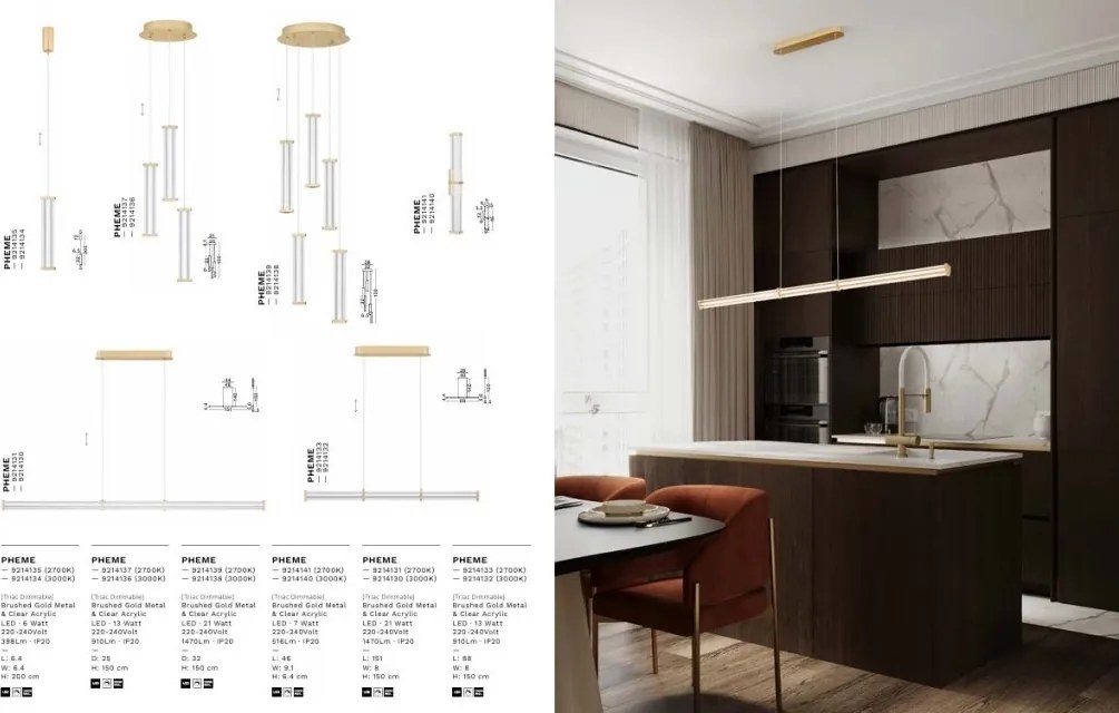 Pendul, Lustra suspendata LED 2700K PHEME auriu periat