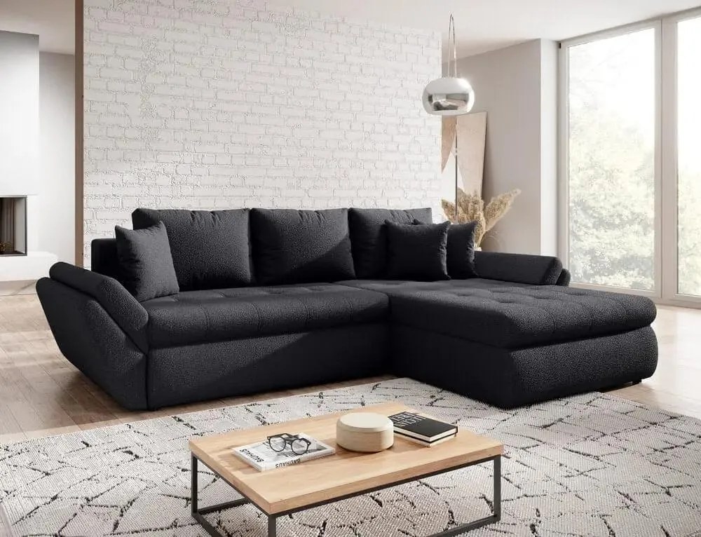 Colțar extensibil dumonde cu ladă de depozitare si sezut confortabil din spuma high-density, Loana Euphoria Black II 270x185 cm