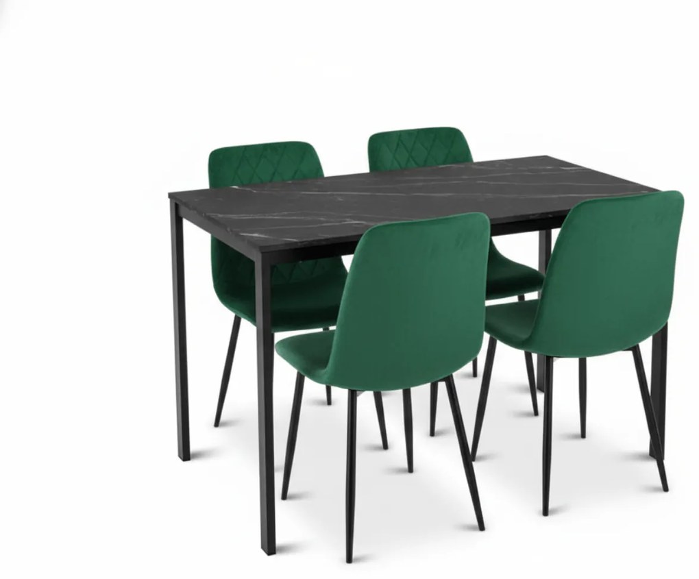 Set de dining 1 + 4, masa neagra RAMOD 100x60 cm decor marmura + scaun verde TURIN cu picioare negre