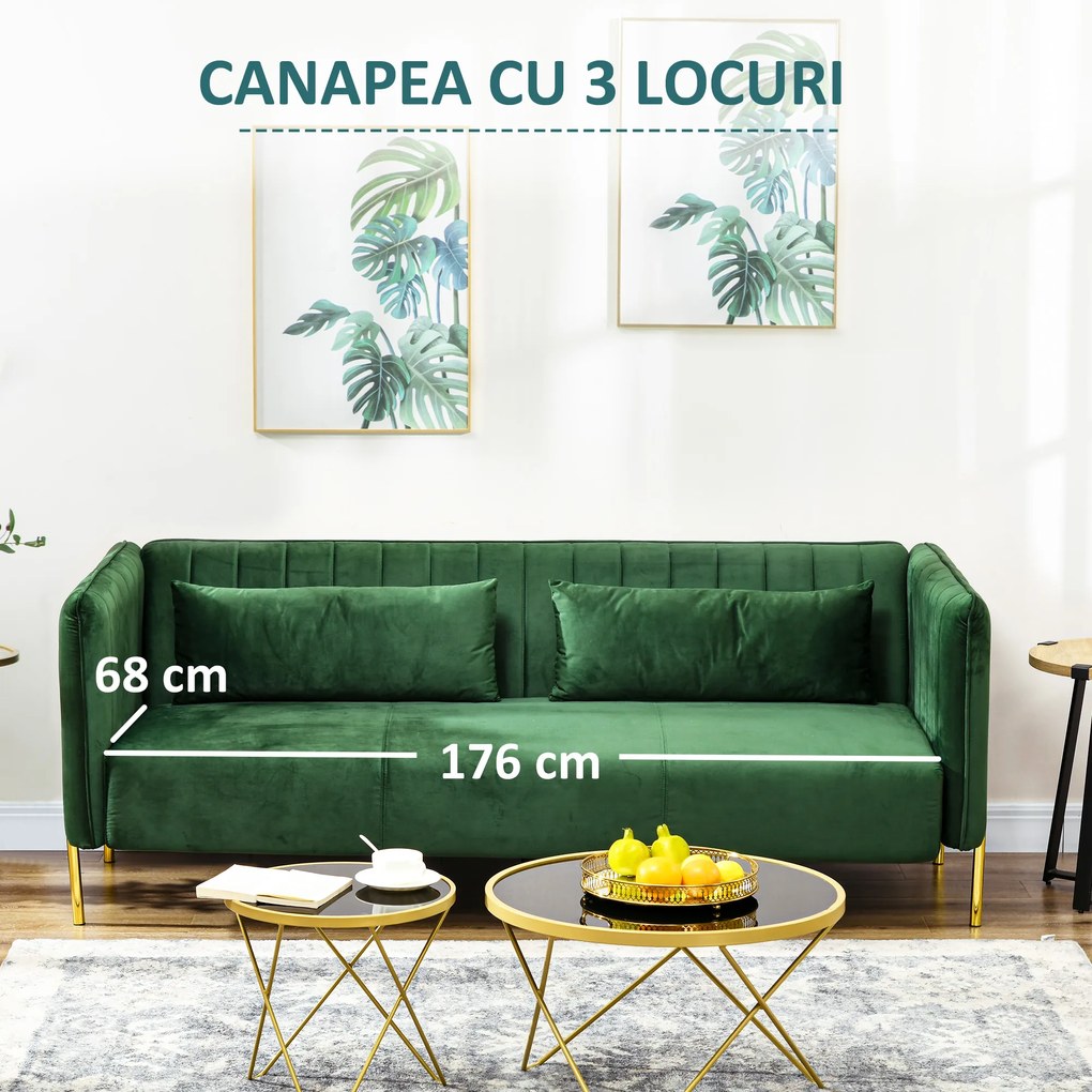 HOMCOM Canapea 3 Locuri Economie de Spatiu cu Perne Capitonate, Canapea Moderna cu Picioare din Otel si Tesatura din Catifea, 195x88x76 cm, Verde