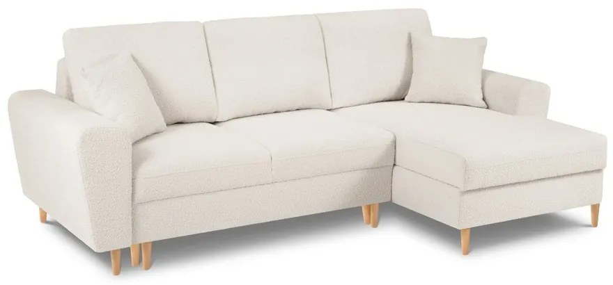 Colțar bej extensibil, cu spațiu de depozitare cu tapițerie din țesătură bouclé (cu colț pe partea dreaptă, cu șezlong) Kyoto – Cosmopolitan Design