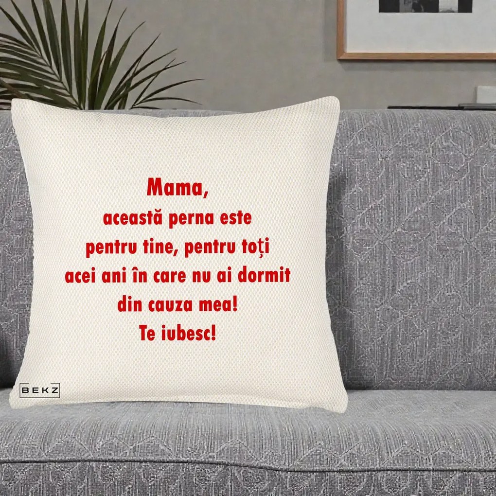 Cadou pentru Mama - Perna Personalizata Perna pentru Mama, 40x40 cm, Crem Reliefat, Husa Detasabila, Perna Inclusa, BEKZ®