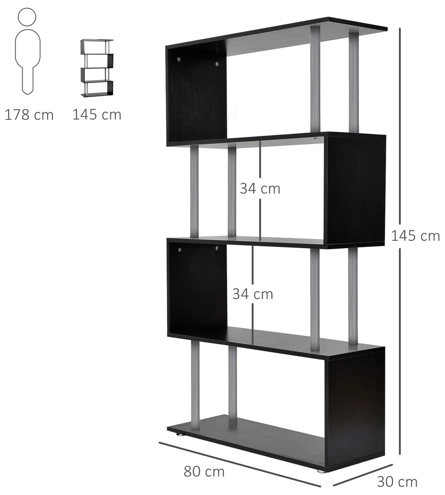 Homcom Bibliotecă cu Design Modern 4 Rafturi, Neagră, 80x30x145cm