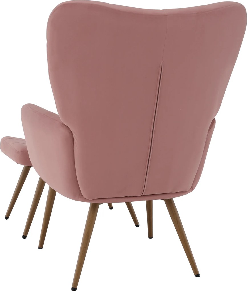 Fotoliu cu suport pentru picioare, ţesătură Velvet roz/stejar, HABEN