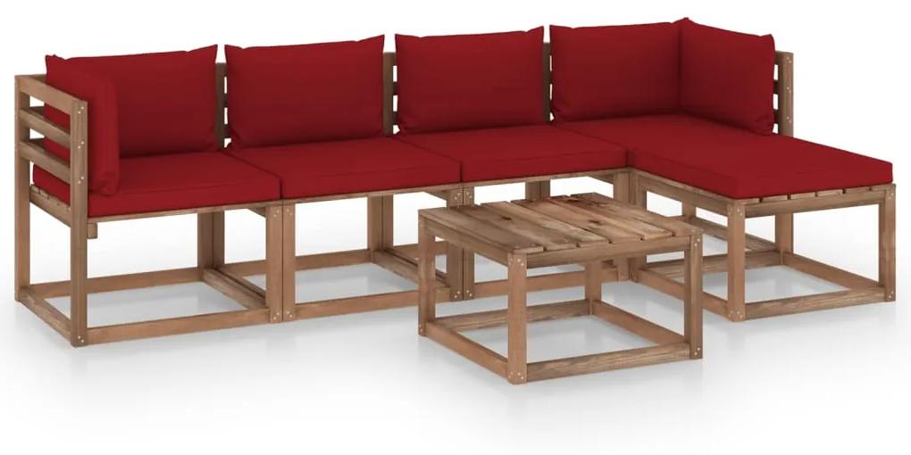 Set mobilier de gradina, cu perne rosu vin, 6 piese Bordo, 2x colt + 2x mijloc + suport pentru picioare + masa, 1