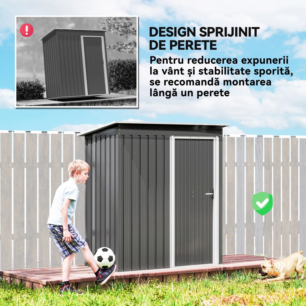 Outsunny Adăpost Unelte cu Acoperiș Înclinat și Ușă Glisantă, din Oțel și PP, 163x89x182 cm, Gri Deschis | Aosom Romania
