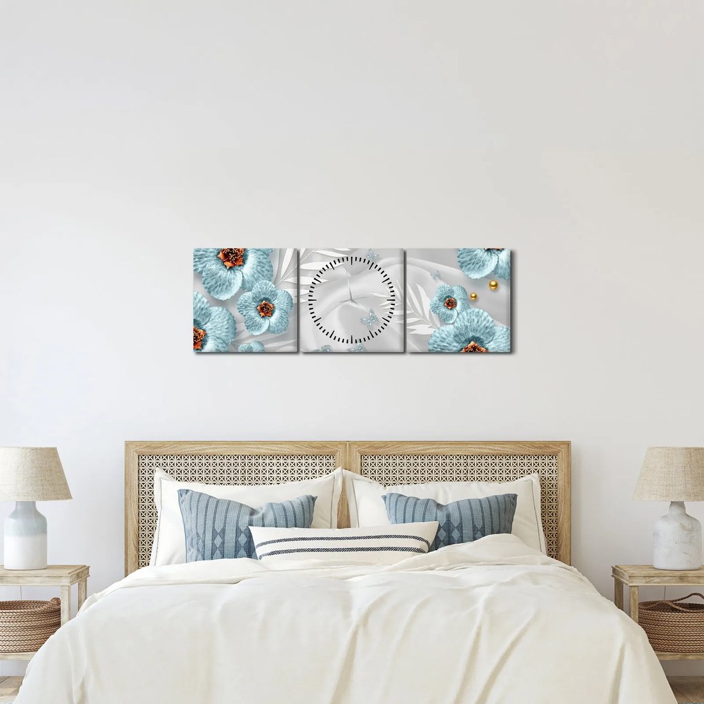 Tablou - 3D Flori albastre (cu ceas) (90x30 cm)