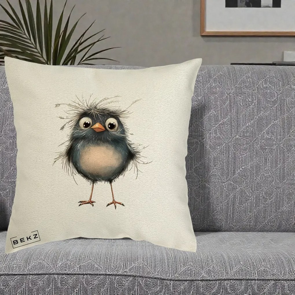 Perna Decorativa Pui Negru Zbarlit cu Pene Fine, 40x40 cm, Ecru, Husa Detasabila, Perna Inclusa, BEKZ®