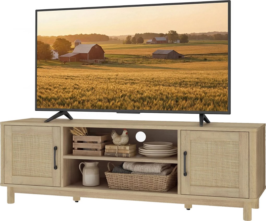 HOMCOM Comodă TV 135 cm, mobilier TV pentru televizor până la 165,1 cm cu 2 uși din ratan, 2 compartimente deschise, stejar | Aosom Romania