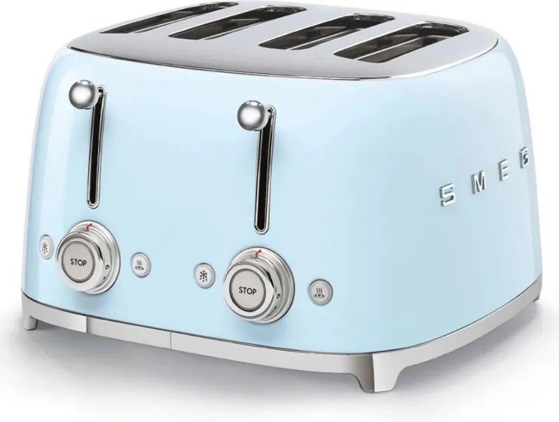 Prăjitor de pâine SMEG 50's Style TSF03PBEU, 2000 W, 4 felii, 6 niveluri, Tava pentru firimituri, Cablu integrat, Oțel inoxidabil, Albastru
