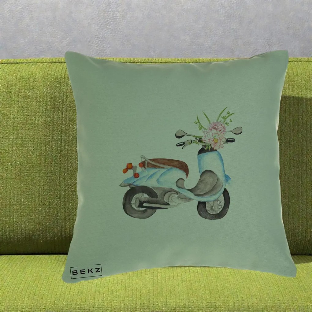 Perna Decorativa Scuter Albastru cu Flori Acuarela, 40x40 cm, Verde, Husa Detasabila, Perna Inclusa, BEKZ®