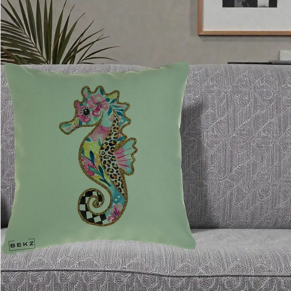 Perna Decorativa Calut de Mare Glitter Tropical, 40x40 cm, Verde, Husa Detasabila, Perna Inclusa, BEKZ®