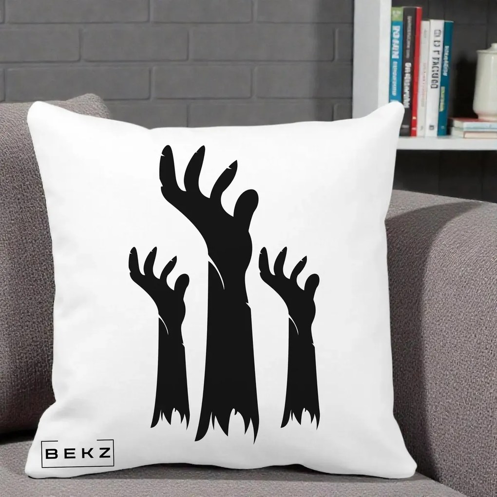 Perna Decorativa Halloween Maini Zombie Alb-Negru, 40x40 cm, Alba Mata, Husa Detasabila, Perna Inclusa, BEKZ®