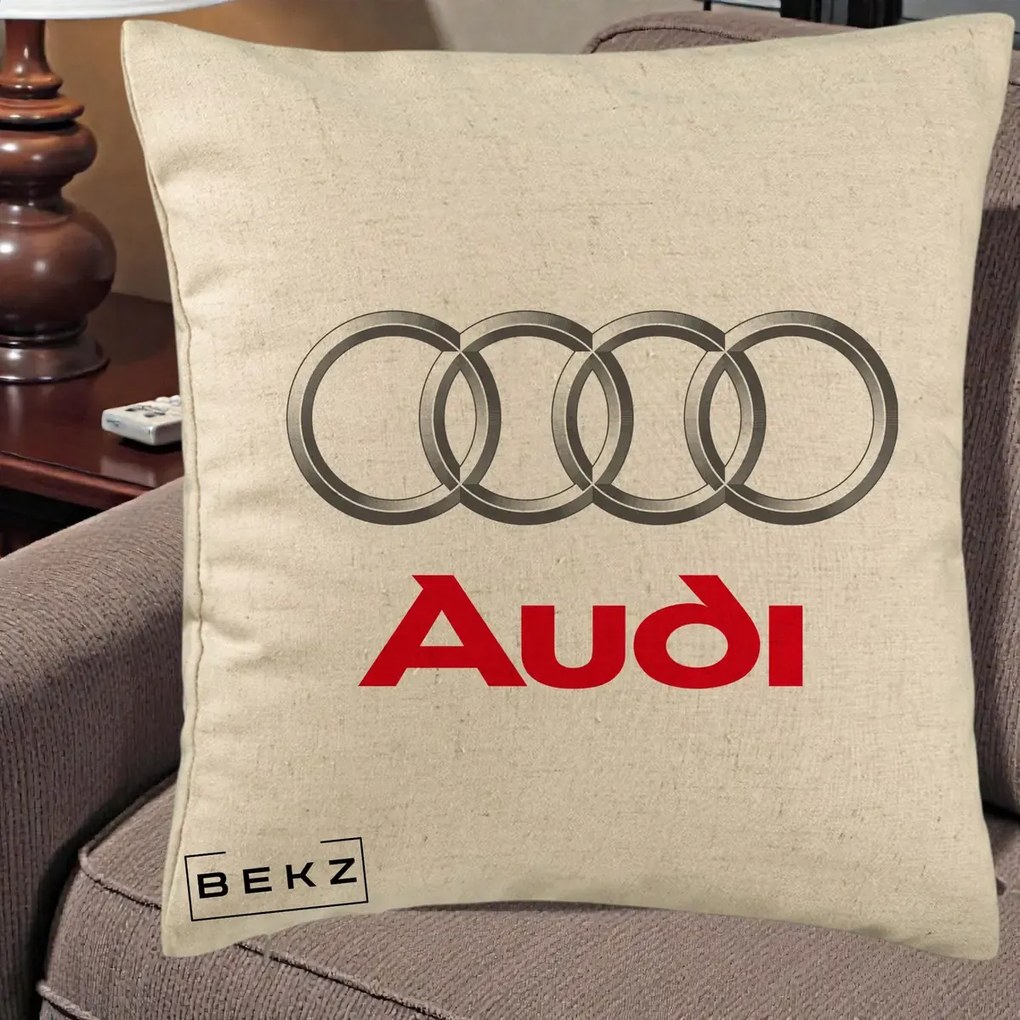 Perna Personalizata cu emblema Audi, 40x40 cm, Bej, Husa Detasabila, Perna Inclusa, BEKZ®