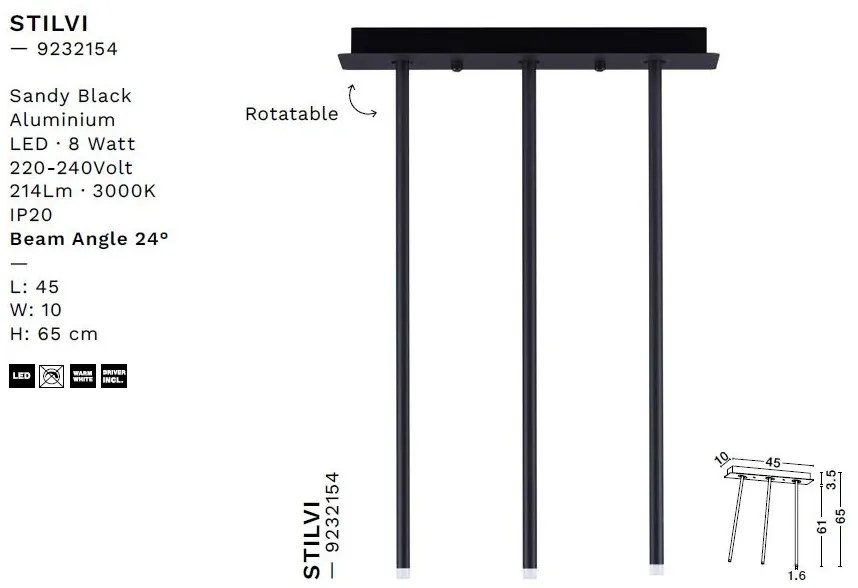 Plafoniera cu 3 Spoturi LED reglabile design tubular STILVI negru, H-65cm