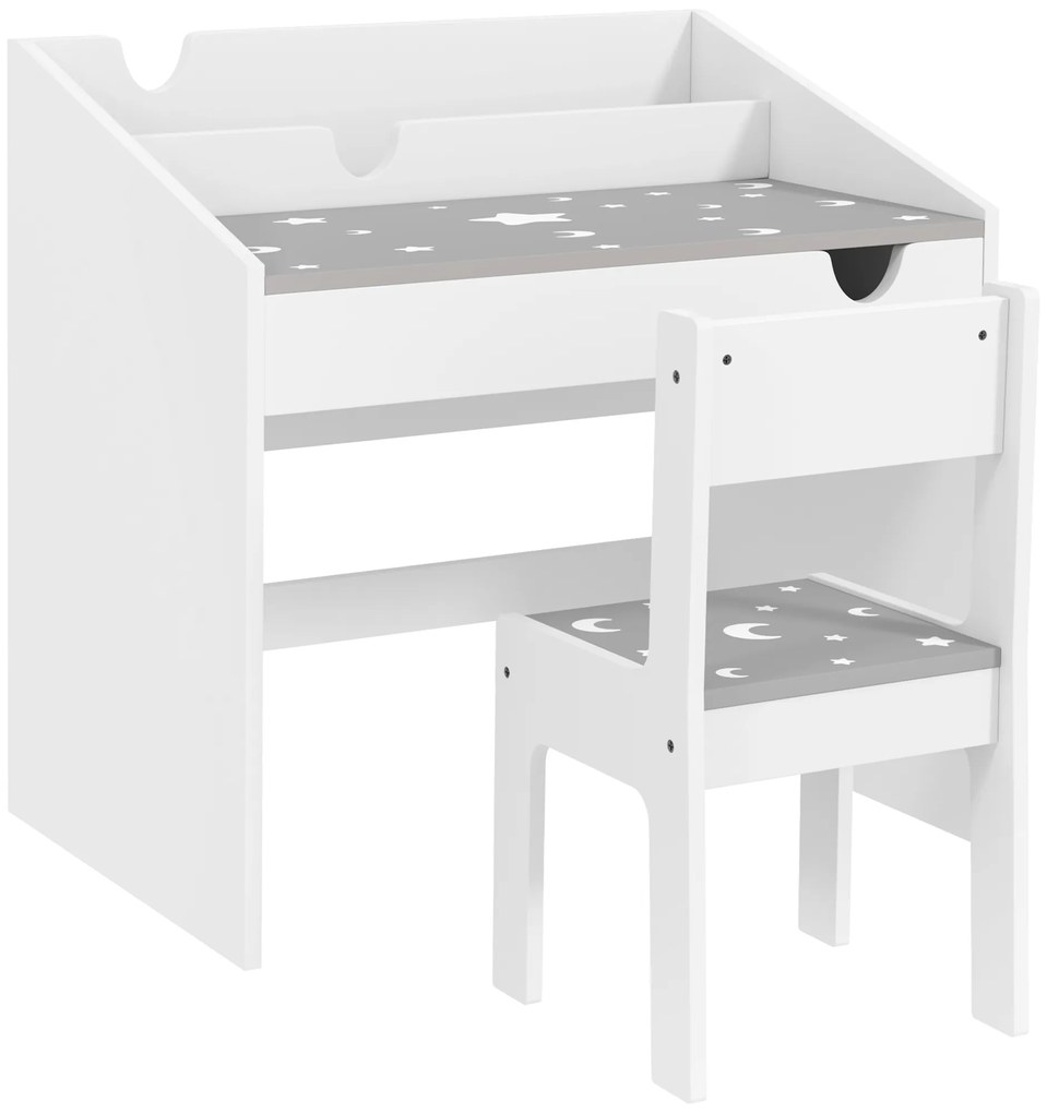 Set AIYAPLAY de Scaun și Masă pentru Copii 3-6 Ani cu Organizator și Sertar Retractabil, din Lemn Gri | Aosom Romania