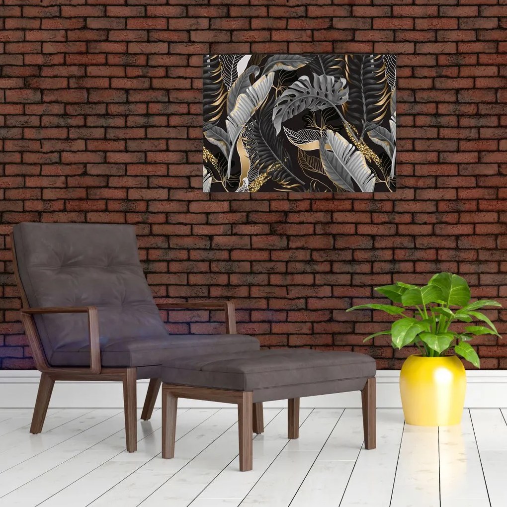 Tablou pe sticlă - Frunze tropicale, Galben - auriu (70x50 cm)