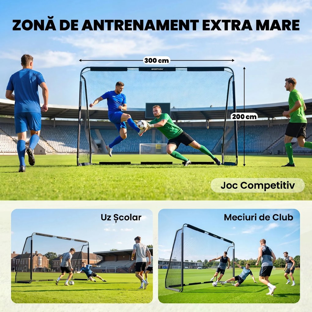 SPORTNOW Poartă de Fotbal 3x2 m, cu Plasă Rezistentă și Cadru Metalic Stabil, Negru | Aosom Romania