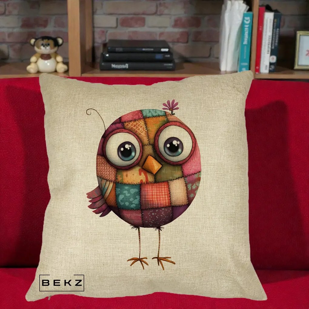 Perna Decorativa Pasare Patchwork Roz cu Floare, 40x40 cm, Crem, Husa Detasabila, Perna Inclusa, BEKZ®