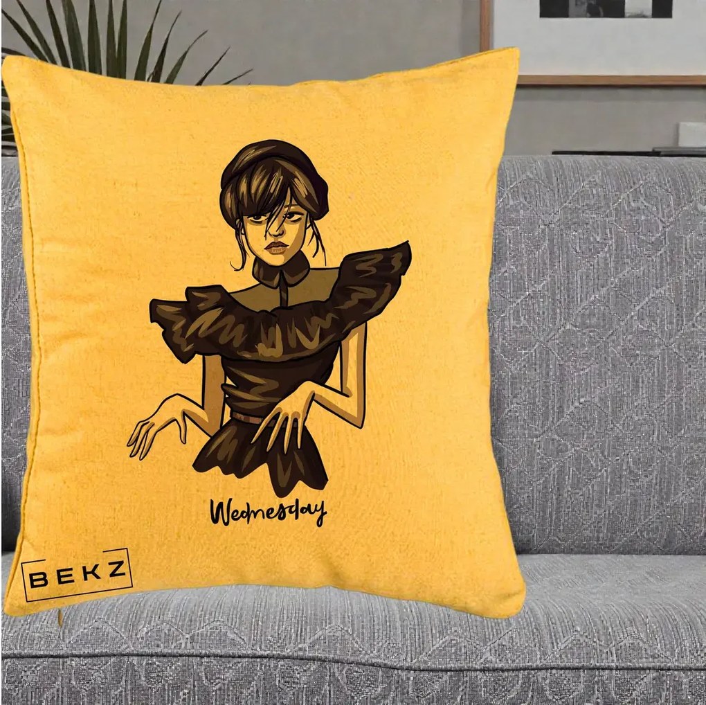 Perna Personalizata Wednesday Addams Dans Gotic, 40x40 cm, Galben, Husa Detasabila, Perna Inclusa, BEKZ®
