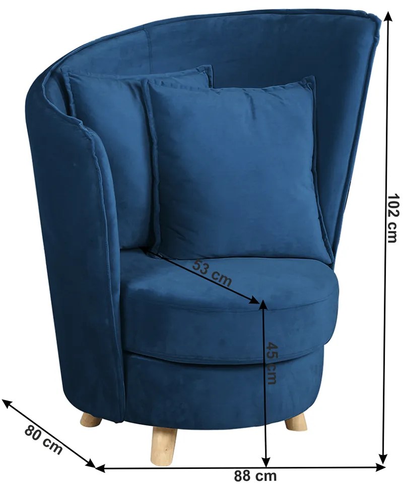 Fotoliu în stil Art Deco, catifea Velvet albastru /stejar, ROUND
