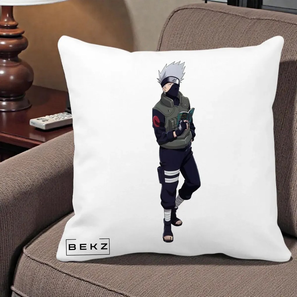 Perna Personalizata Naruto Kakashi Hatake Portret Complet, 40x40 cm, Alba Mata, Husa Detasabila, Perna Inclusa, BEKZ®