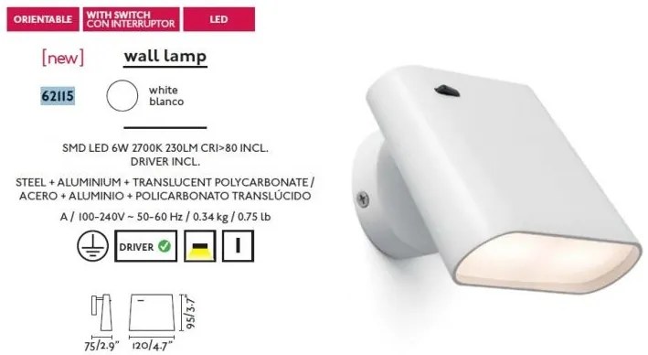 Aplica de perete directionabila alba, 62115 AUREA LED