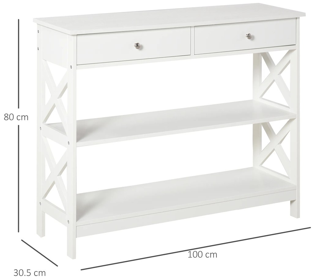 HOMCOM Consolă, cu 2 Sertare și Rafturi Reglabile, Design Modern, Structură Solidă cu Sistem Anti-Răsturnare, 100x30.5x80 cm, Albă | Aosom Romania