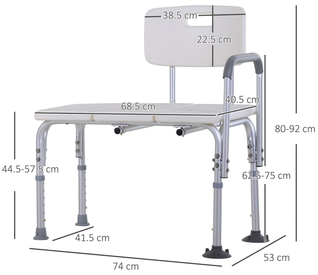 HOMCOM Scaun de Duș cu Înălțime Reglabilă pe 6 Nivele, Picioare și Brațe Antiderapante, 74x53x80-92 cm, Alb | Aosom Romania