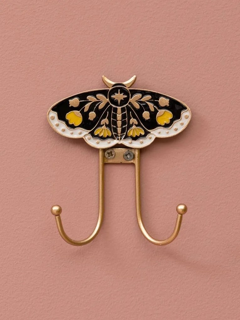 Cuier de perete din metal, multicolor, model fluture negru pictat manual, două agățătoare aurii, finisaj lucios, 12,5 x 11 x 3 cm, „Nocturne”