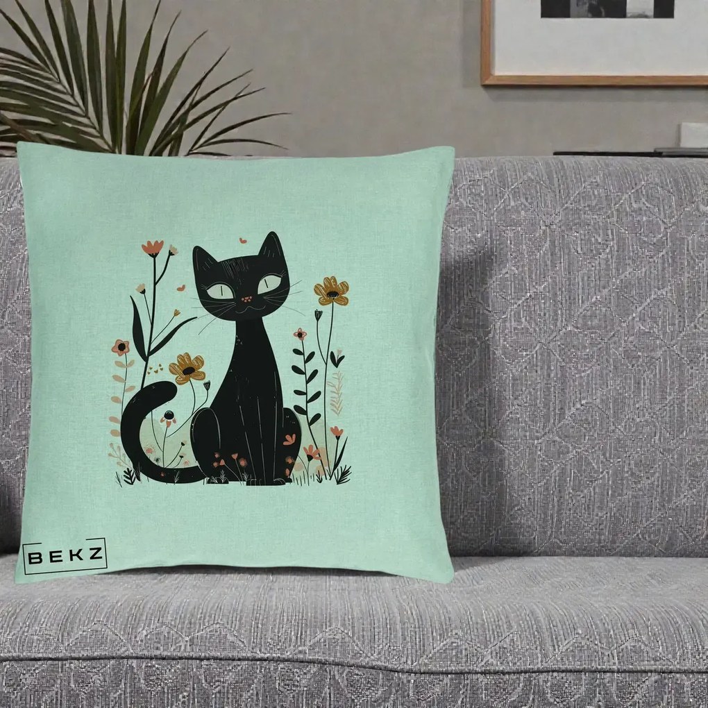 Perna Decorativa Pisica Neagra Flori Pastel Folk, 40x40 cm, Verde Menta, Husa Detasabila, Perna Inclusa, BEKZ®