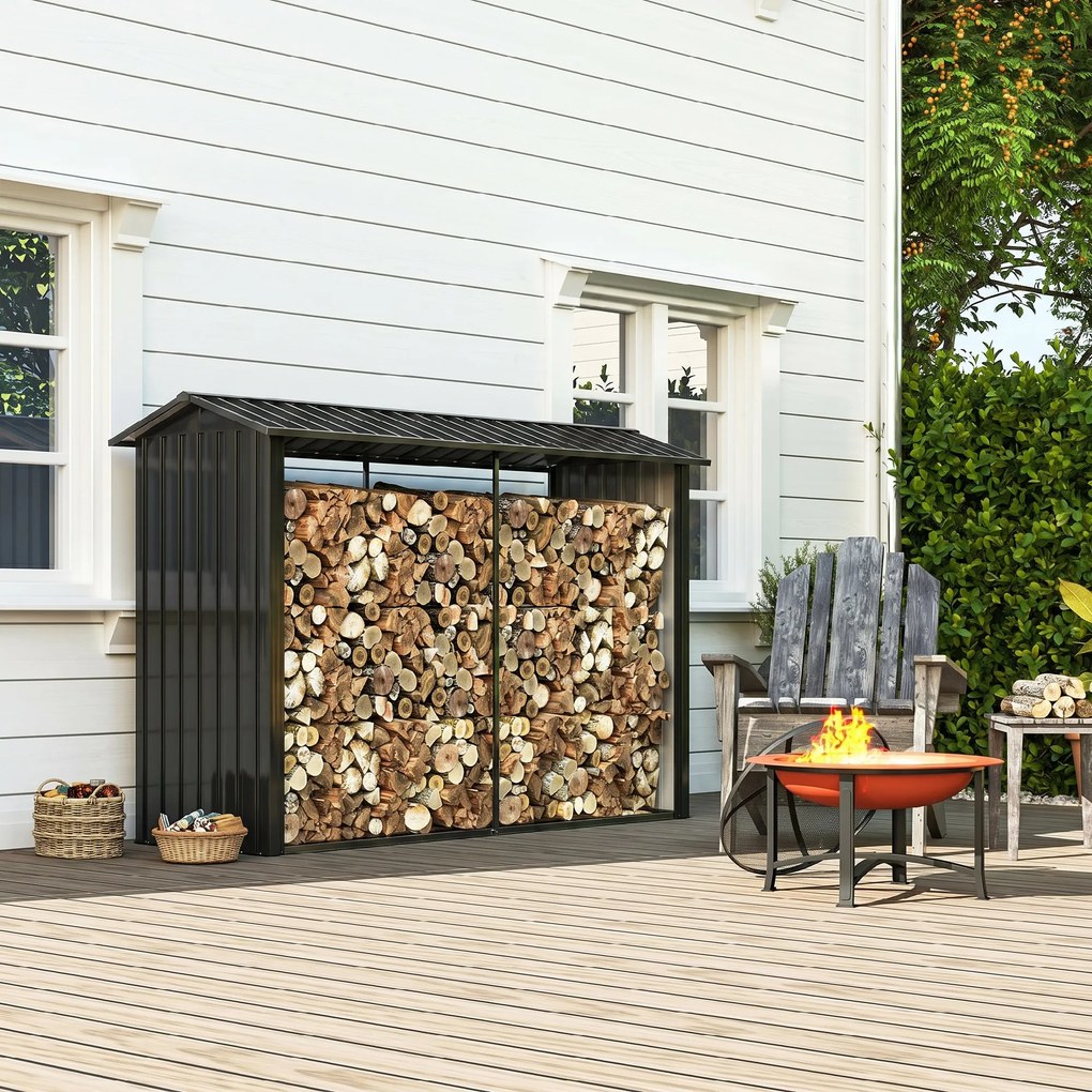 Outsunny Suport de Lemne cu Structură din Oțel Galvanizat 240x86x160cm Negru | Aosom Romania