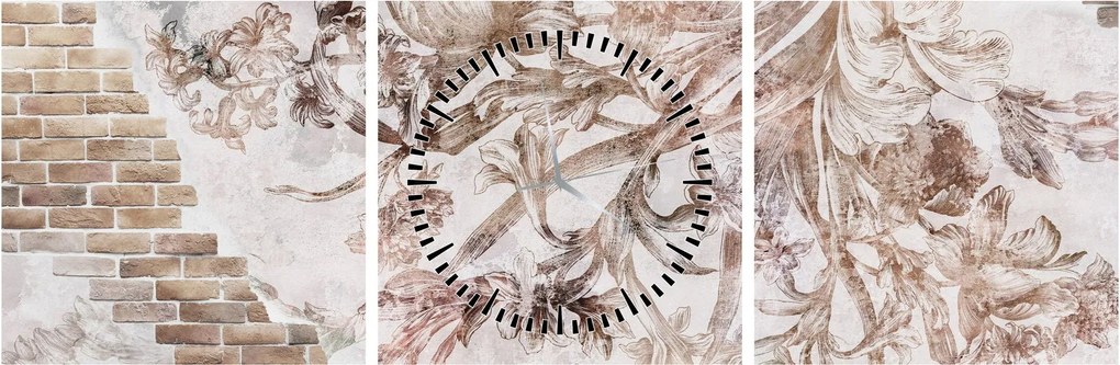 Tablou - Frescă florală pe un perete de cărămidă (cu ceas) (90x30 cm)