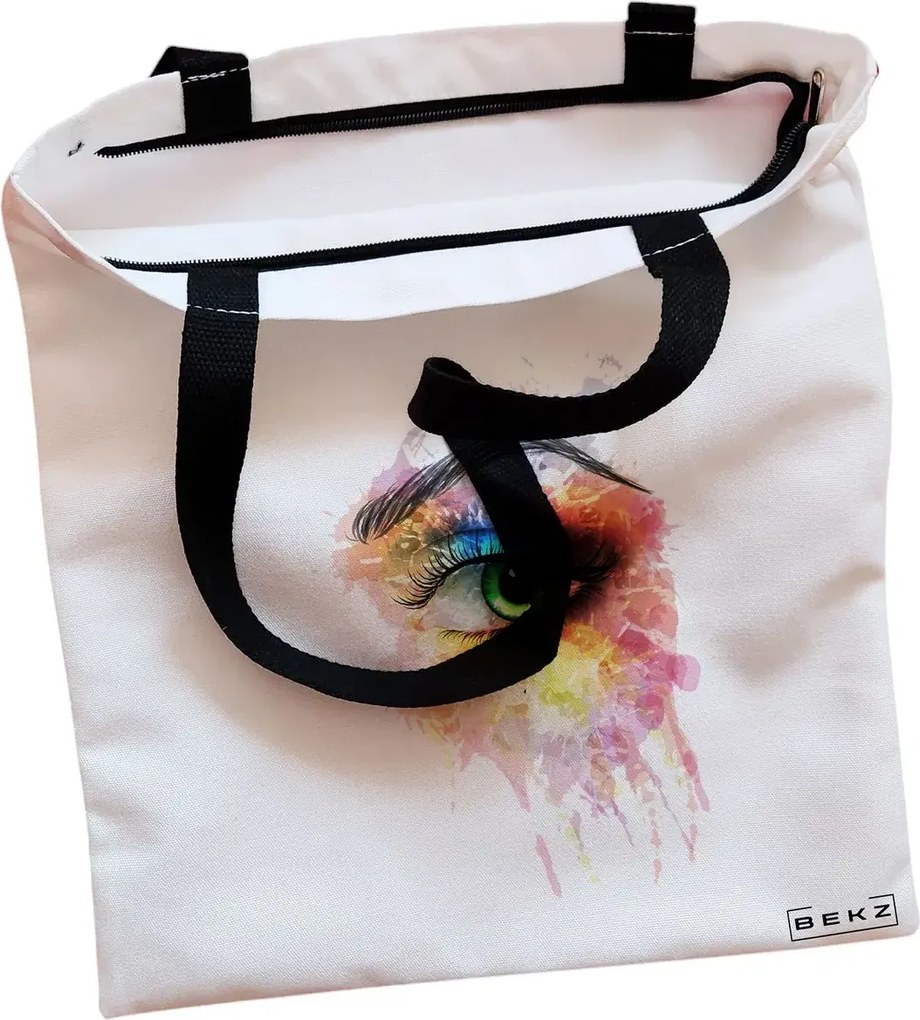 Sacosa de Panza pentru Cumparaturi, Geanta Tote, model Eye Art Pattern, Cu fermoar, 38x34.5 cm, Alba, BEKZ®