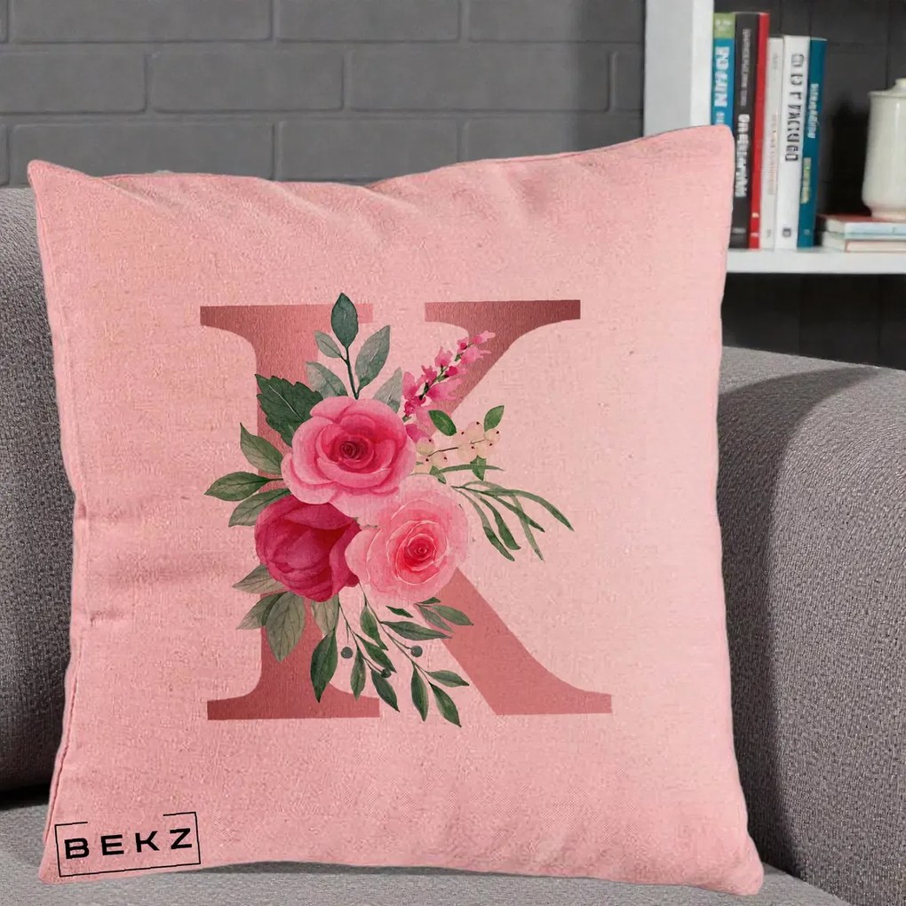 Cadou Personalizat - Perna Personalizata Monograma Rose Gold Litera K, 40x40 cm, Roz, Husa Detasabila, Perna Inclusa, BEKZ®