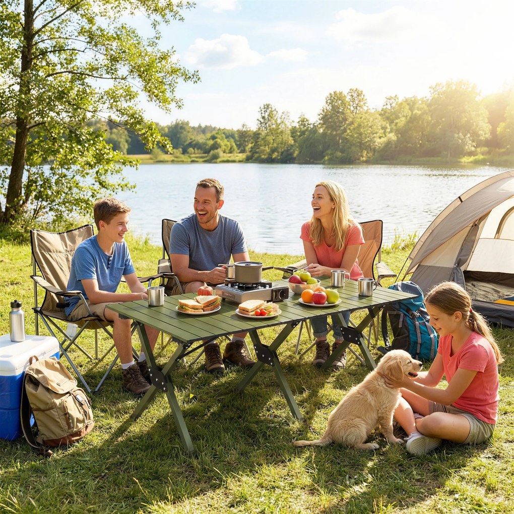 Outsunny Masă de Camping Pliabilă 116 cm, Masă de Picnic Impermeabilă cu Blat Rulabil și Cadru Metalic, Verde | Aosom Romania