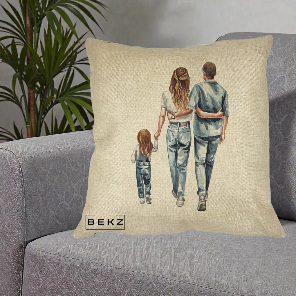 Cadou pentru Familie - Perna Personalizata Familie Acuarela Jeans, 40x40 cm, Crem, Husa Detasabila, Perna Inclusa, BEKZ®