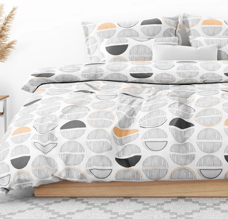 Goldea lenjerie de pat din satin de lux - cercuri cu dungi gri-portocalii pe alb 140 x 200 și 70 x 90 cm