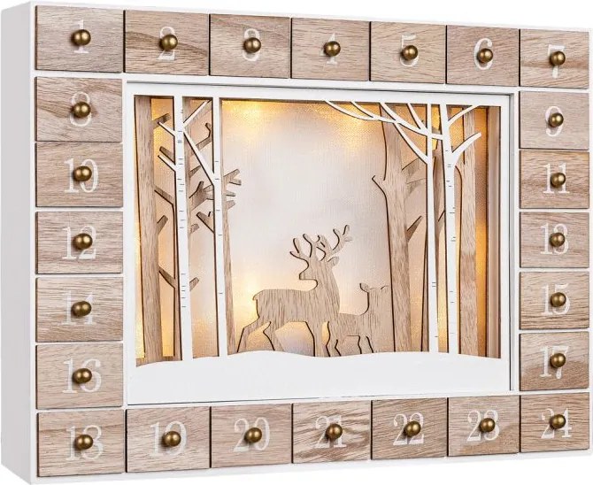 Calendar advent din lemn PĂDUREA DE IARNĂ cu iluminare, 35x6x27cm, alb/maro Spielwerk