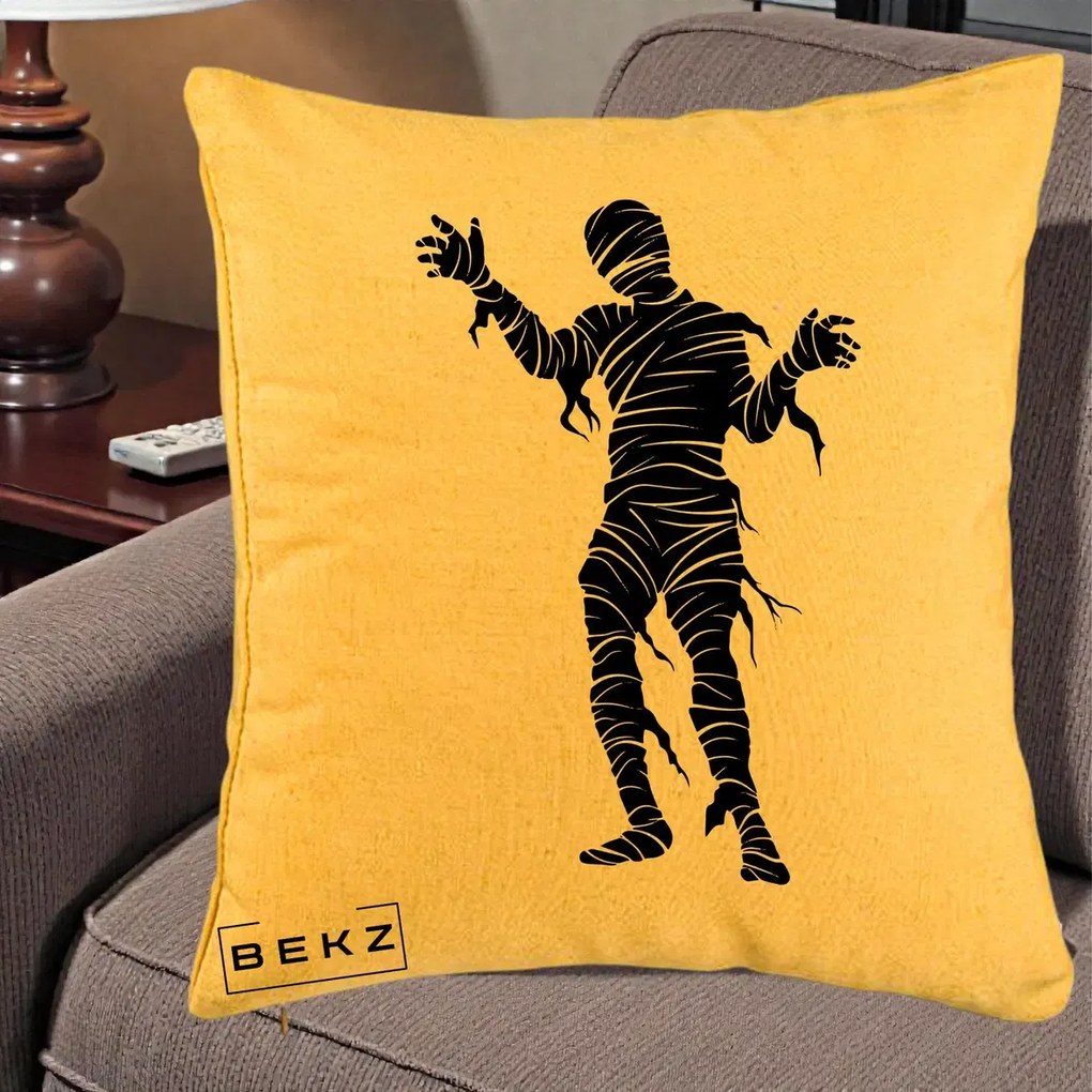 Perna Decorativa Mormii Infricosat Silueta Neagra Halloween, 40x40 cm, Galben, Husa Detasabila, Perna Inclusa, BEKZ®
