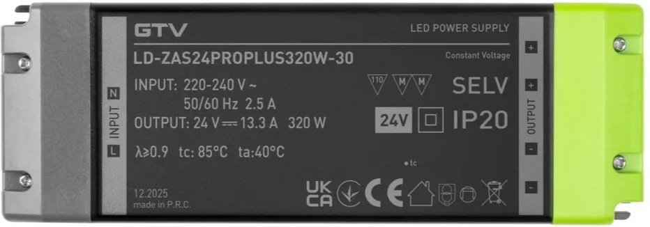 Transformator Pro+ GTV pentru bandă LED, 320W, 24V, IP20 320 W, 240 V, Plastic