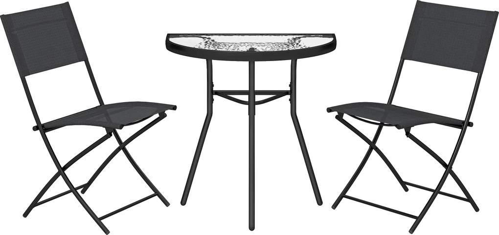 Outsunny Set bistro de exterior, mobilier de terasă 3 piese cu scaune pliante, masă din sticlă semicirculară, negru | Aosom Romania