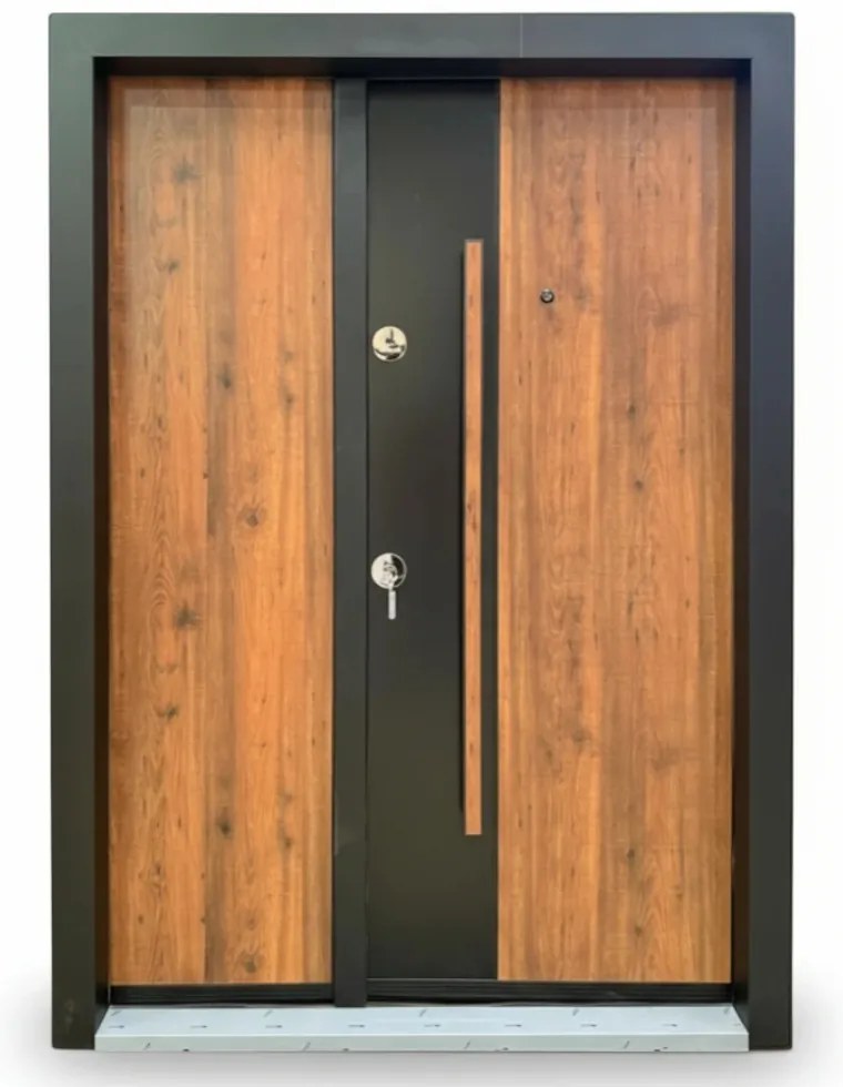 Usa metalica dubla de exterior cu izolatie si vizor Novo Doors NDA4D, Din compozit, 2 yale, Kit complet, Pentru case, Negru perlat cu Stejar auriu